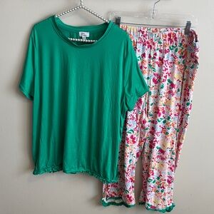 Kim Rogers Plus Size Green Floral Ruffle Capri Pajama Set XXL
